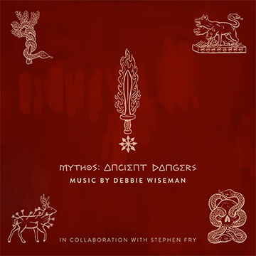 A red background with mythological characters overlaid